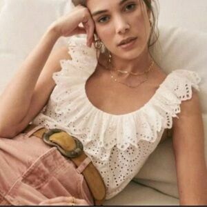 Sézane White Eyelet Ruffle Tank Top